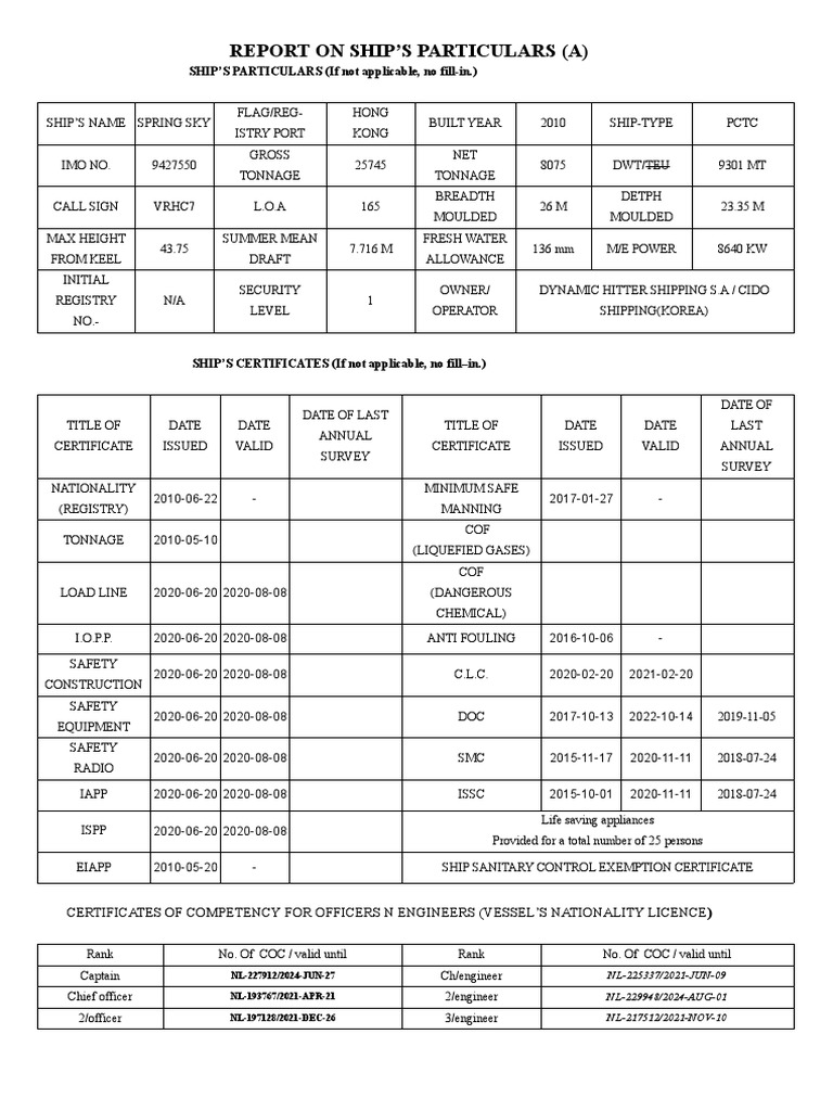 Spring Sky Vessel Particulars Report | PDF | Watercraft | Transport