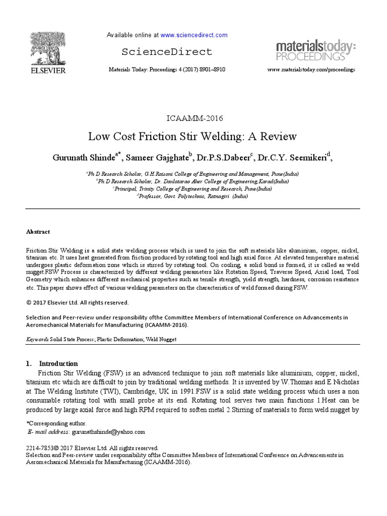 Low Cost Friction Stir Welding A Review | PDF | Welding | Construction