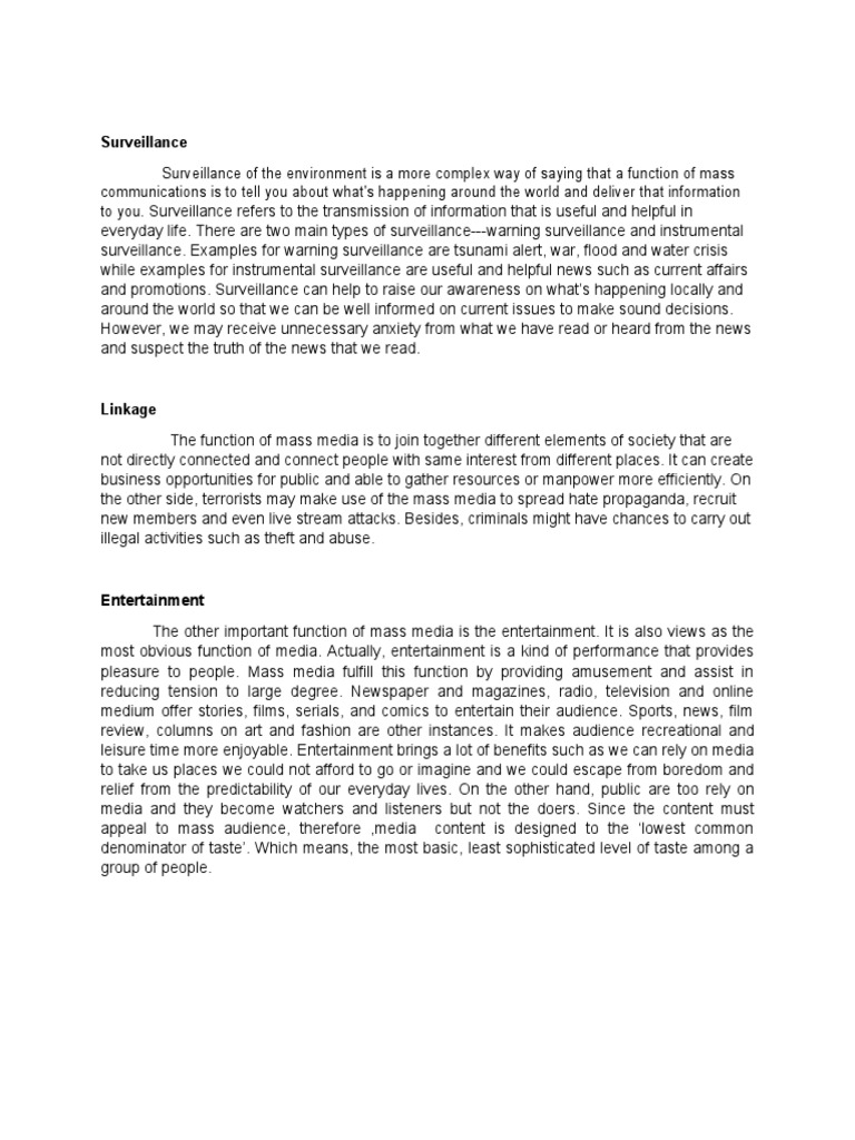 Functions of Mass Media Explained | PDF | Surveillance | Entertainment