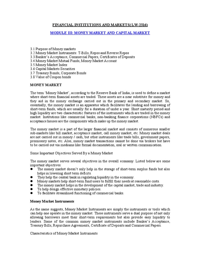 Money Market and Capital Market Overview | PDF | Money Market | Bonds ...