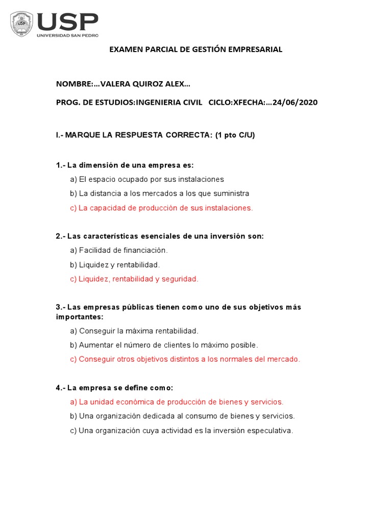 Examen Parcial de Primera Unidad de Gestión Empresarial | PDF | Mercado ...