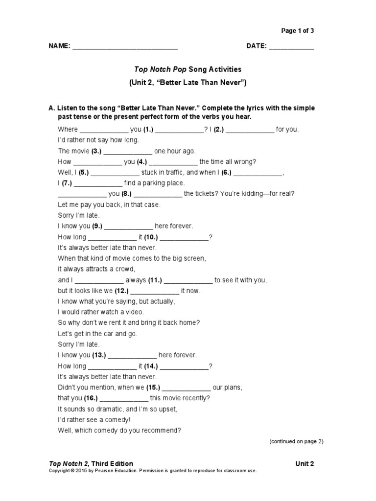 (Unit 2, "Better Late Than Never") Top Notch Pop Song Activities