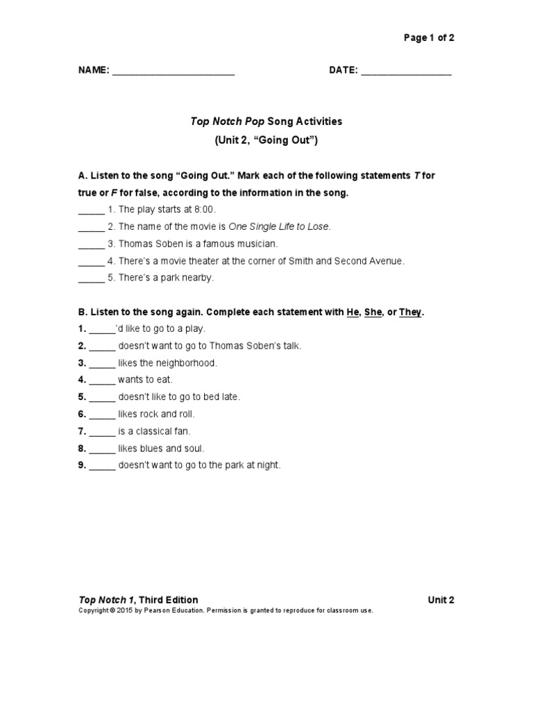 Top Notch Pop Song Activities (Unit 2, "Going Out") PDF