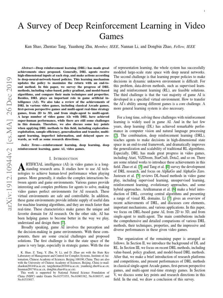 A Survey of Deep Reinforcement Learning in Video Games | PDF | Deep ...