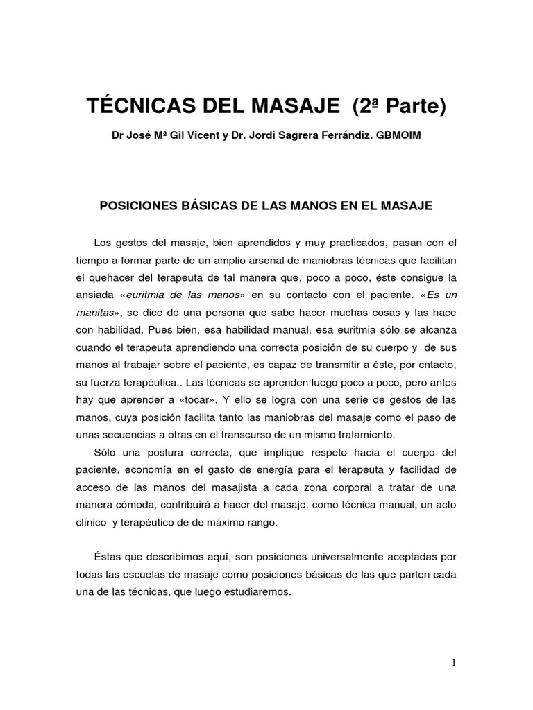 Basic Hand Positions for Massage Techniques PDF Mano Masaje