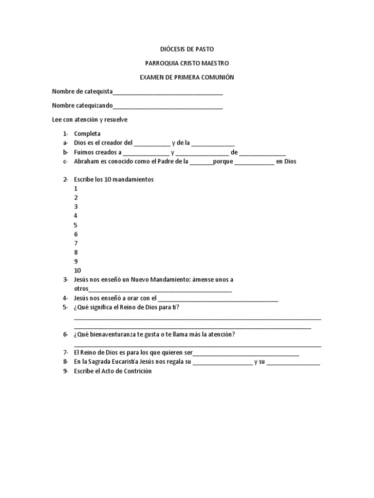 Examen Primera Comunión PDF eucaristía Jesús