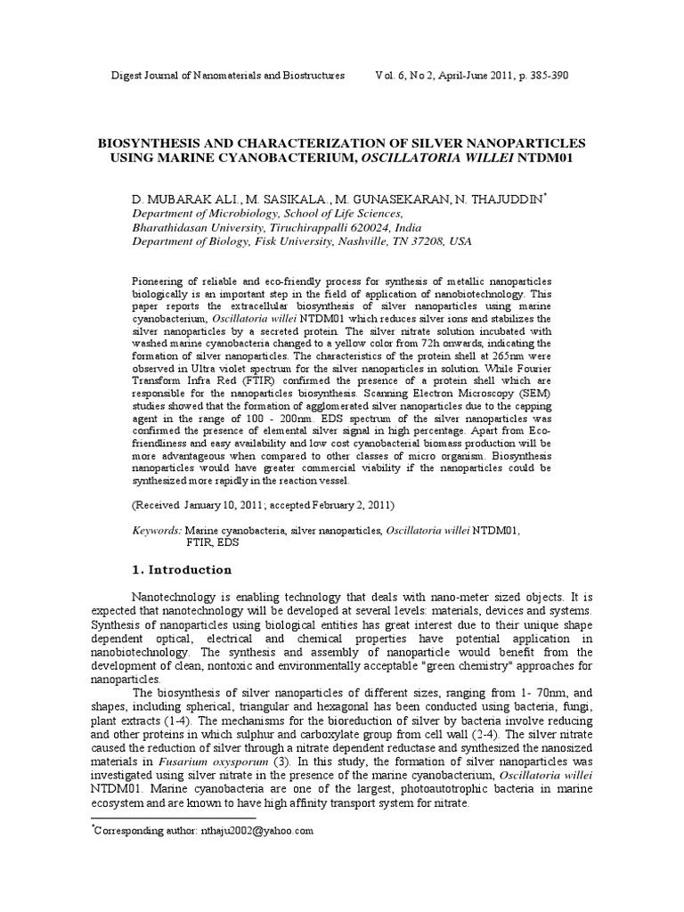 Biosynthesis of Silver Nanoparticles Using Oscillatoria | PDF ...