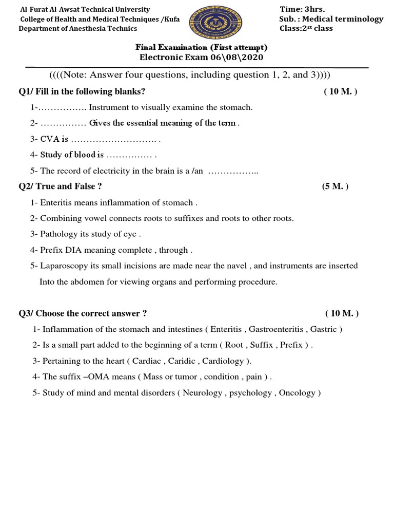 Medical Terminology Final Exam A Comprehensive Assessment of Students