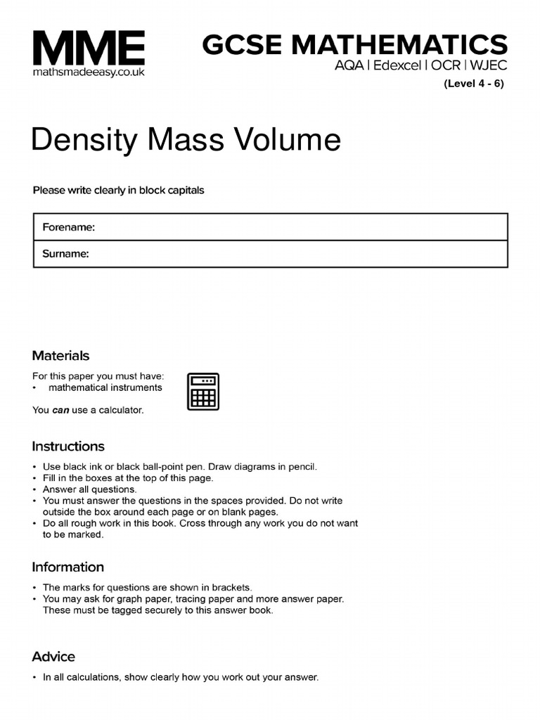 Density Mass and Volume Questions MME | PDF | Volume | Sphere