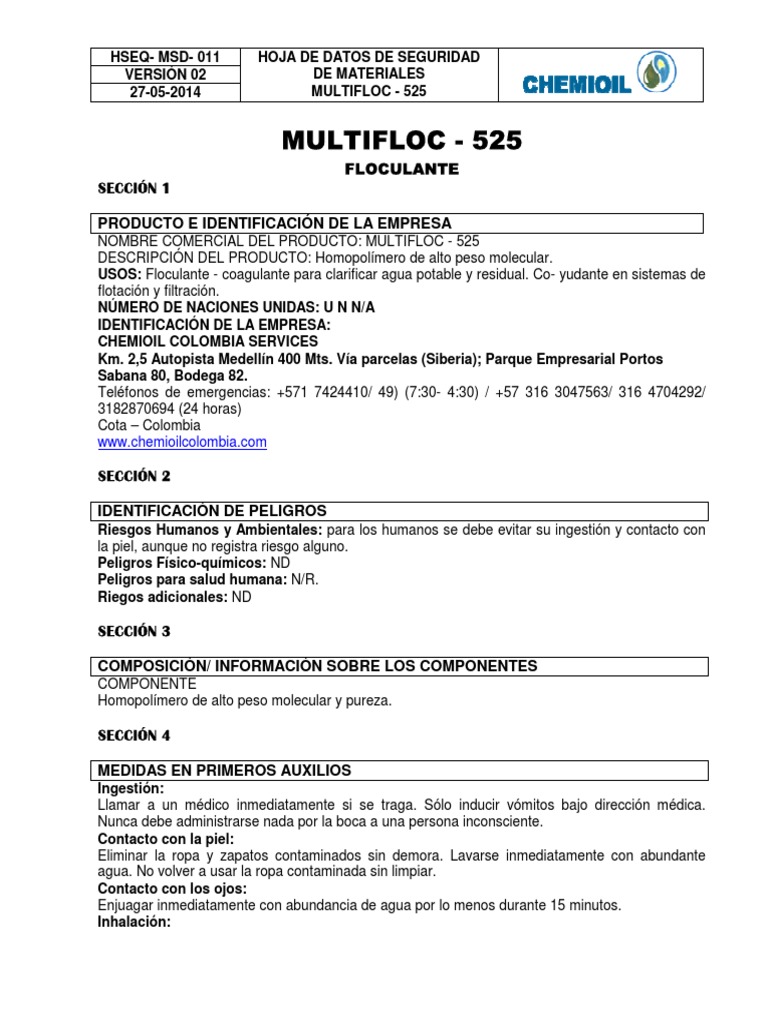 Hoja de Seguridad Multifloc 525 | PDF | Mercancías peligrosas | Amoníaco
