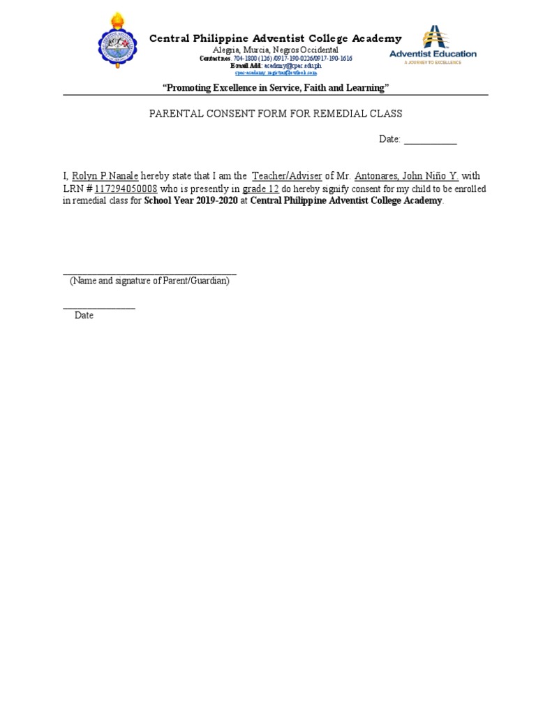 Parental Consent for Remedial Class | PDF