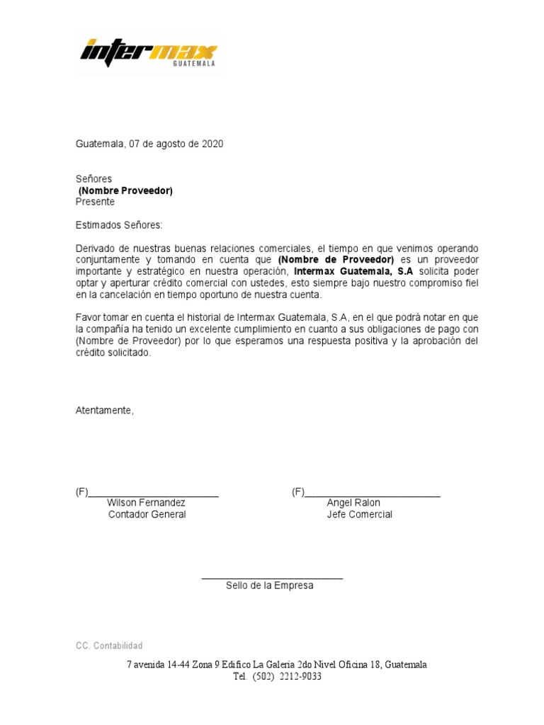 Carta De Solicitud De Credito A Proveedor Pdf Contabilidad Economias