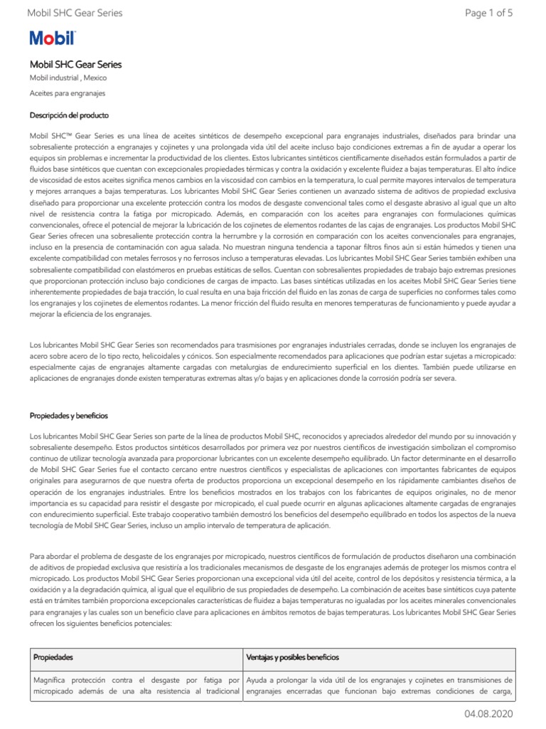 GL XX Mobil SHC Gear Series | PDF | Lubricante | Engranaje