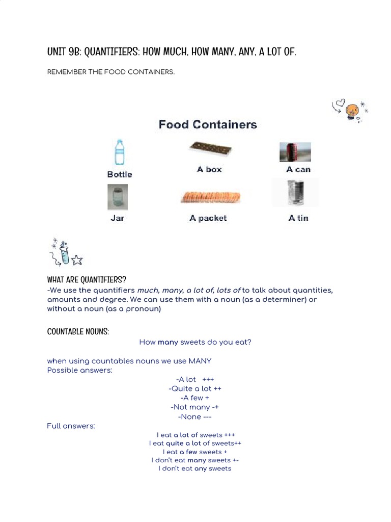 Unit 9B - Quantifiers - How Much, How Many, Any, A Lot of | PDF | Noun ...