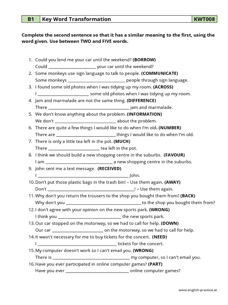 Fce Key Word Transformation Exercises Pdf