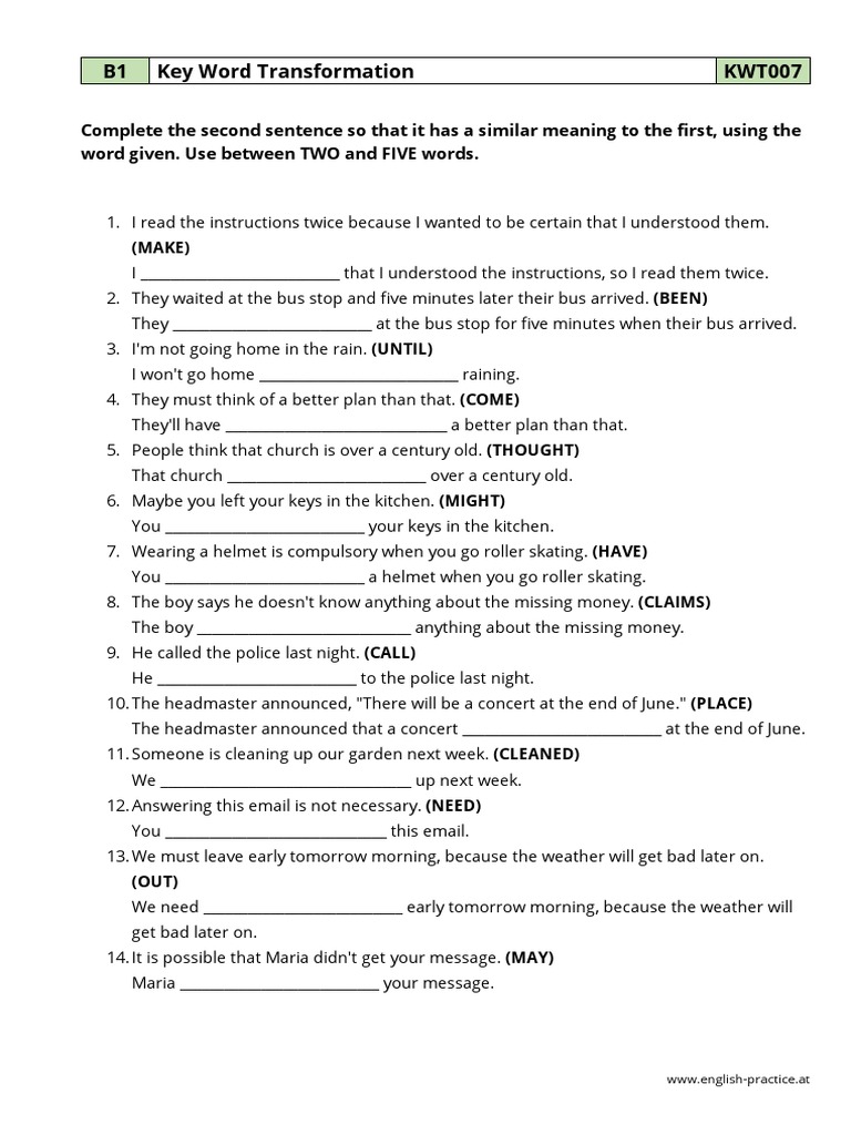 B1 Key Word Transformation Exercises | PDF | Language Arts & Discipline