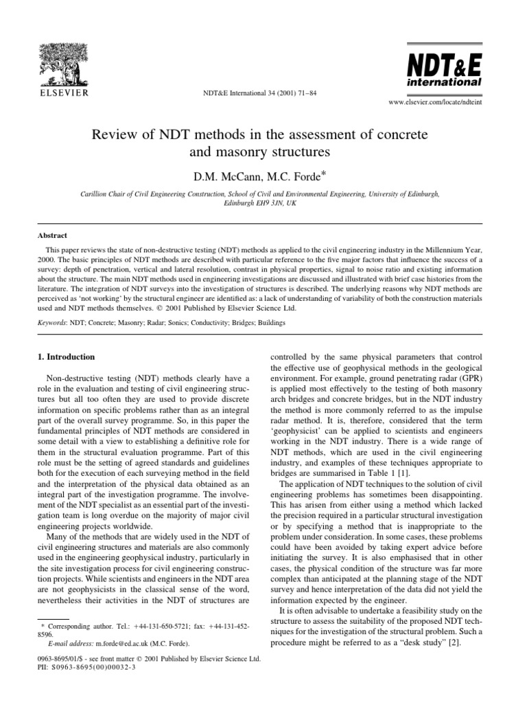 Review Of Ndt Methods In The Assessment Of Concrete And Masonry