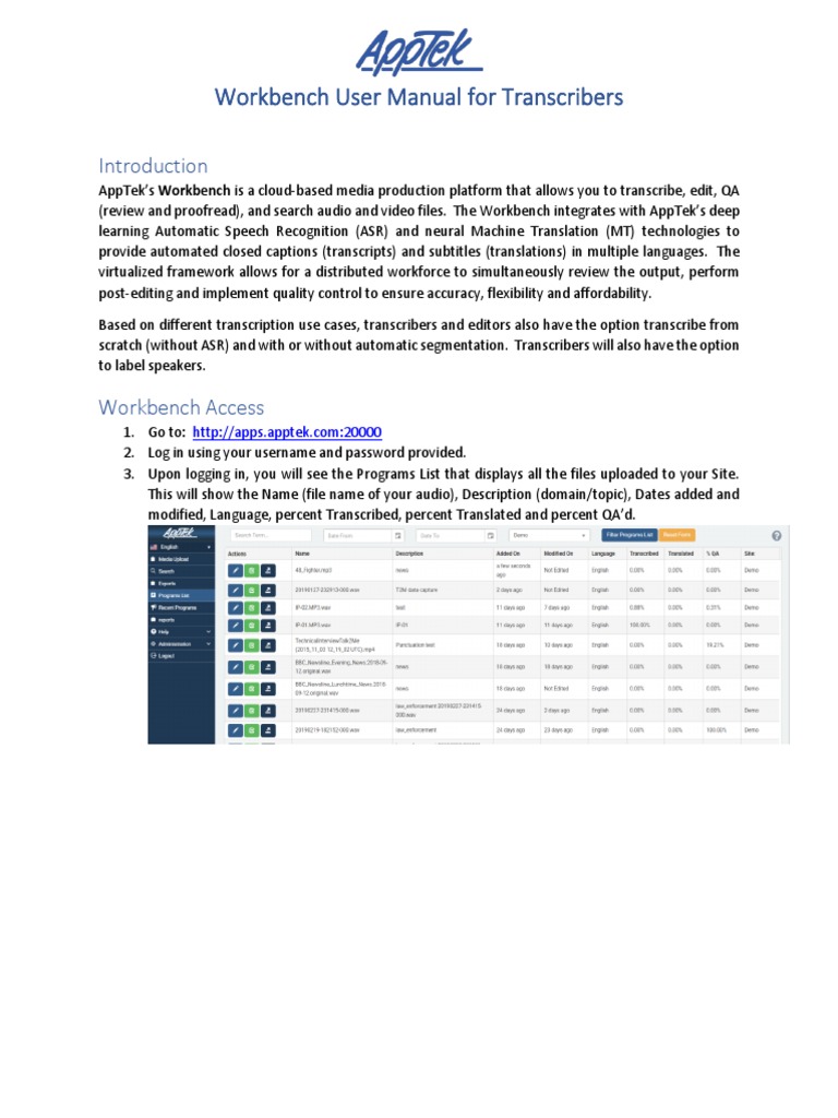 Workbench User Manual For Transcribers | PDF | Speech Recognition ...