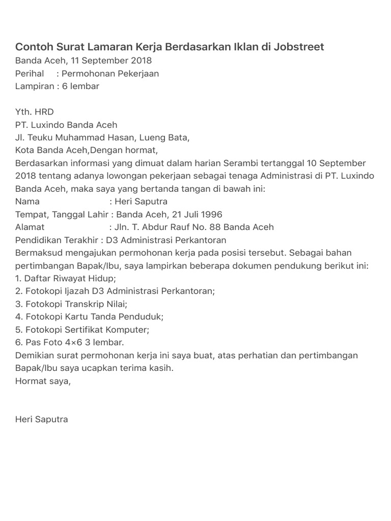 Download 67+ Contoh Surat Surat Lamaran Kerja Jobstreet Terbaru Gratis