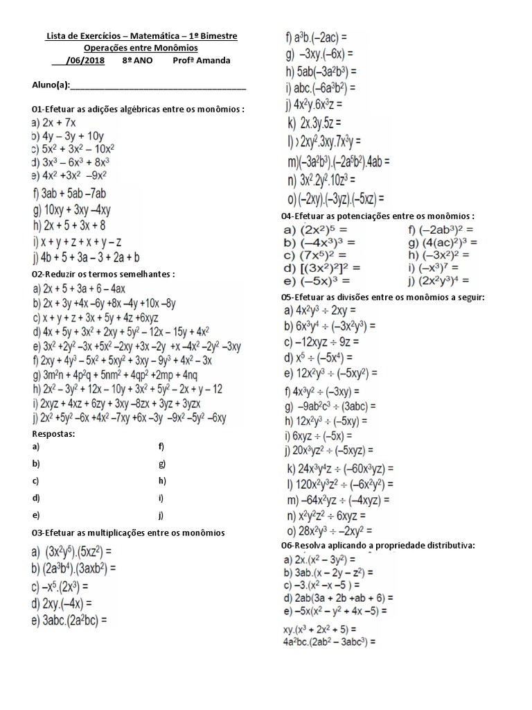 Lista Monomios 8 Ano | PDF