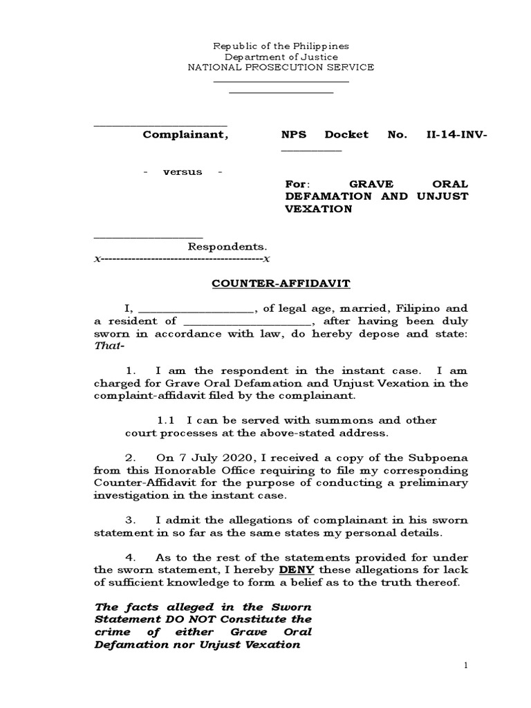 Complainant, NPS Docket No. II14INV__________ Defamation Jud