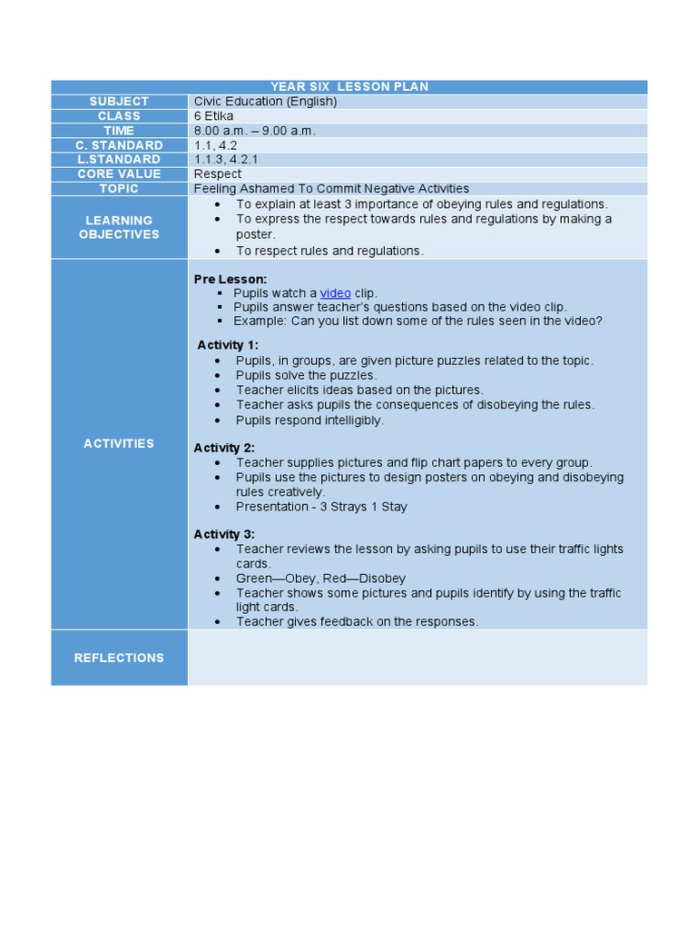 Year Six Lesson Plan Subject Class Time C. Standard L.Standard Core