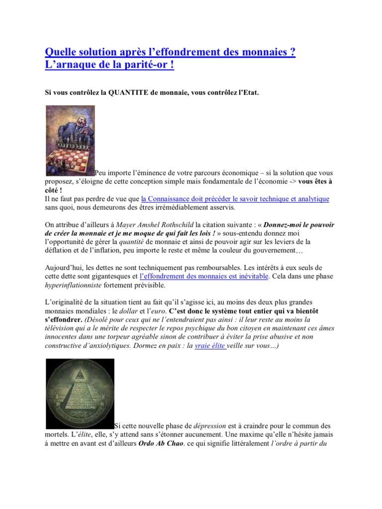 Solution Apres L Effondrement Des Monnaies L Arnaque De La Parite Or Argent Dettes