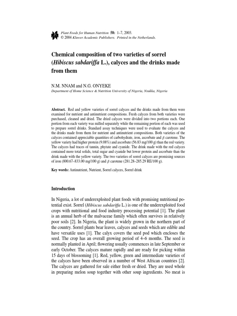 Chemical Composition of Two Varieties of Sorrel (Hibiscus Sabdariffa L