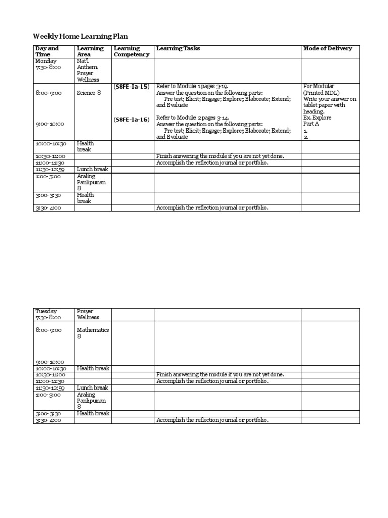 Weekly Home Learning Plan PDF