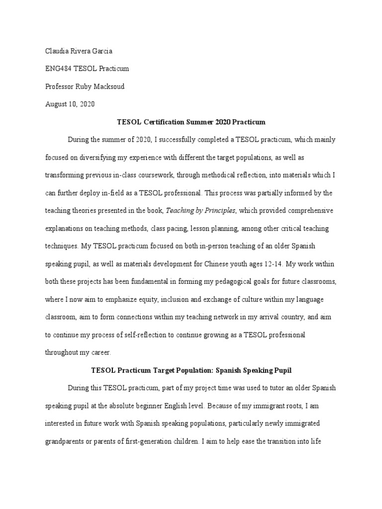 TESOL Practicum Insights | PDF | English As A Second Or Foreign ...