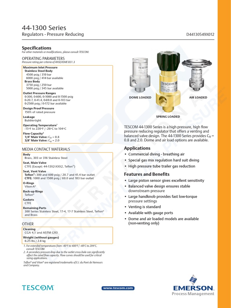 Tescom 44 1300 Series Regulator Data Sheet | PDF | Valve | Mechanical ...