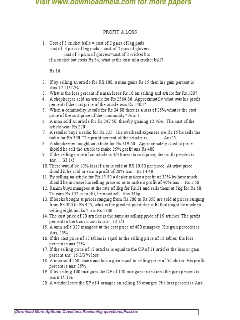 Profit and Loss Aptitude Questions | PDF | Prices | Cost