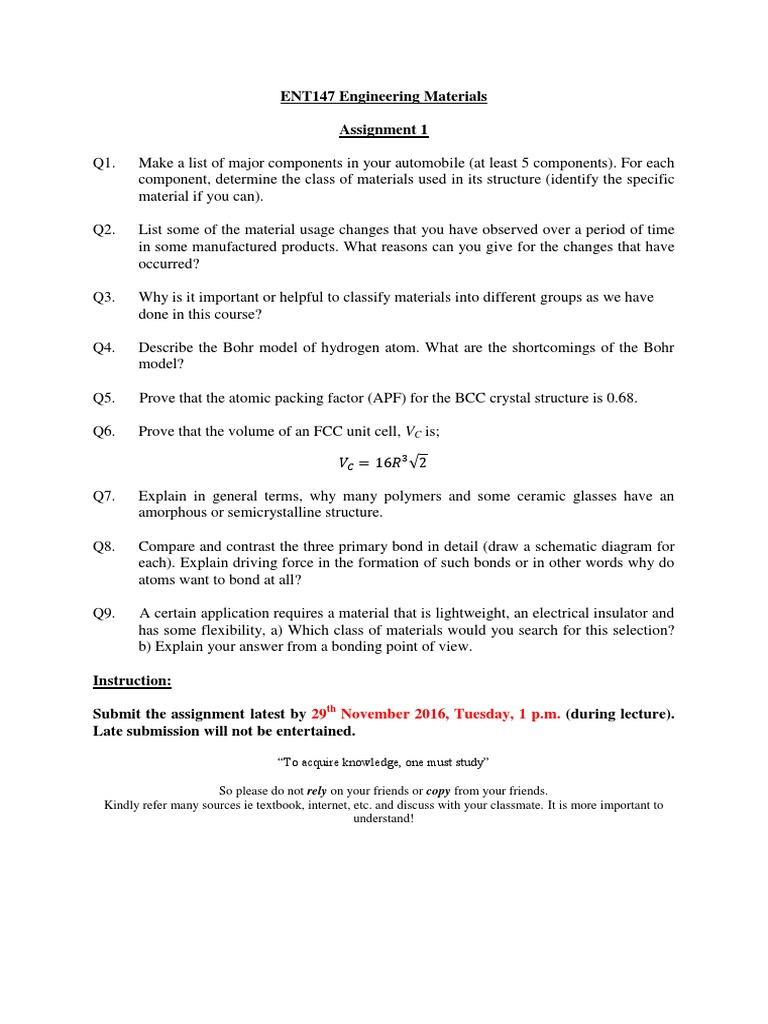 ENT147 Engineering Materials Assignment 1: 29 November 2016, Tuesday, 1 ...