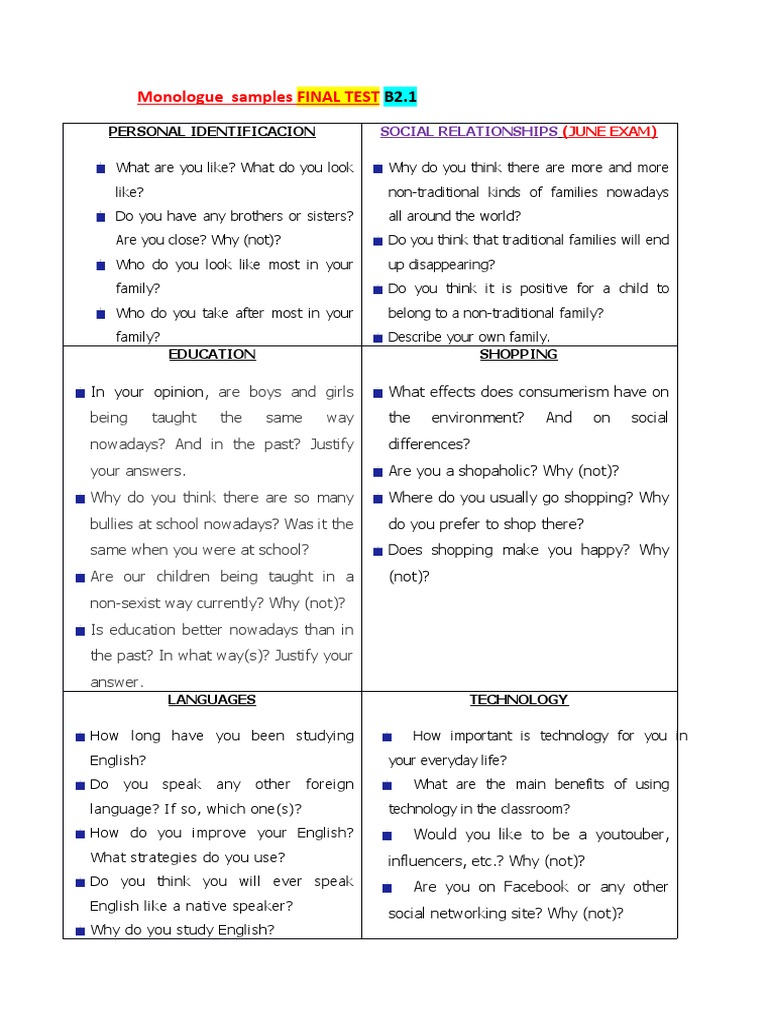 B2 English Monologue Samples | PDF | Psychological Concepts | Wellness
