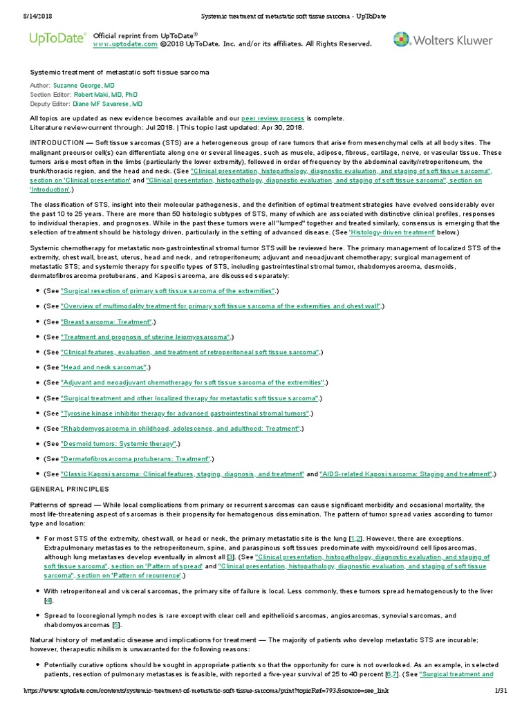 Systemic Treatment of Metastatic Soft Tissue Sarcoma - UpToDate | PDF ...