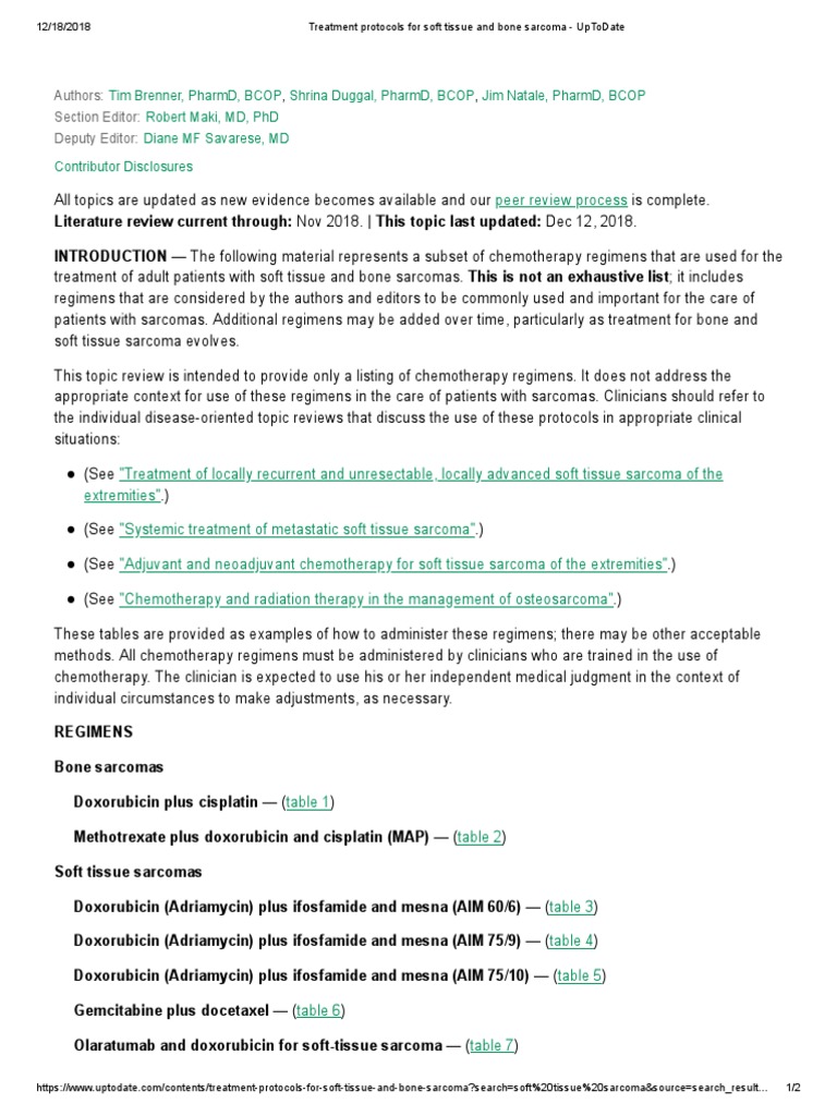 Treatment Protocols For Soft Tissue and Bone Sarcoma - UpToDate | PDF ...