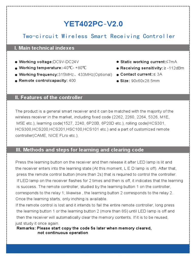YET402PC-V2.0 Wireless Controller Manual | PDF | Remote Control | Relay