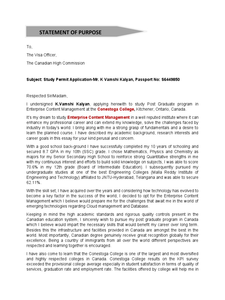 Visa SOP Vamshi PDF College Canada