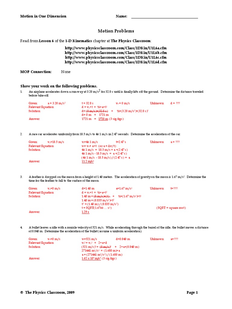 Motion Problems: Read From Lesson 6 of The 1-D Kinematics Chapter at ...