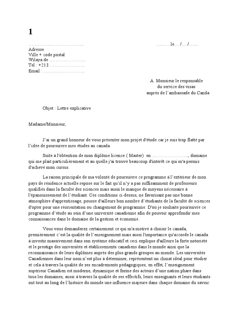 Lettre Explicative Visa Étude  PDF  Canada  Gestion des ressources