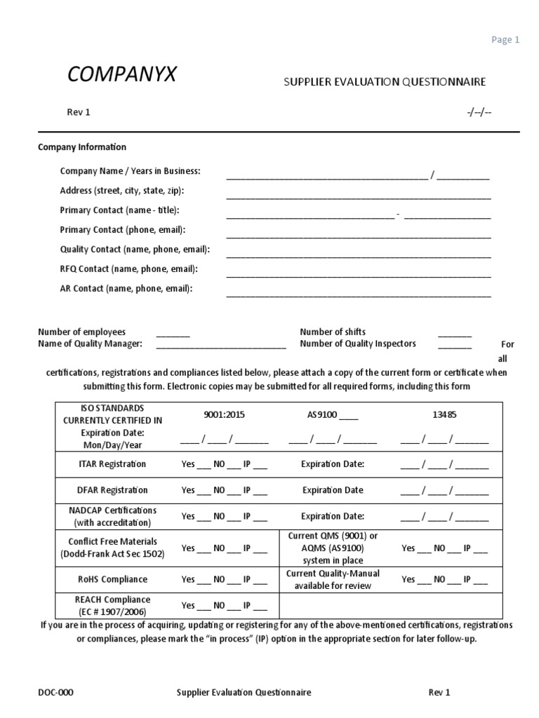 Supplier Evaluation Questionnaire Rev1 PDF Supply Chain Quality