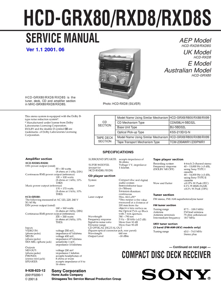 Service Manual: HCD-GRX80/RXD8/RXD8S | PDF | Laser | Laser Diode