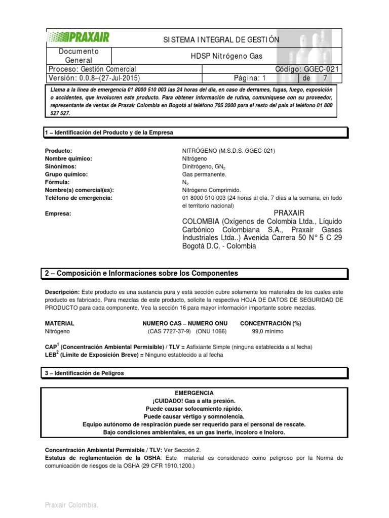 Ficha Seguridad Nitrogeno | PDF | Oxígeno | Nitrógeno