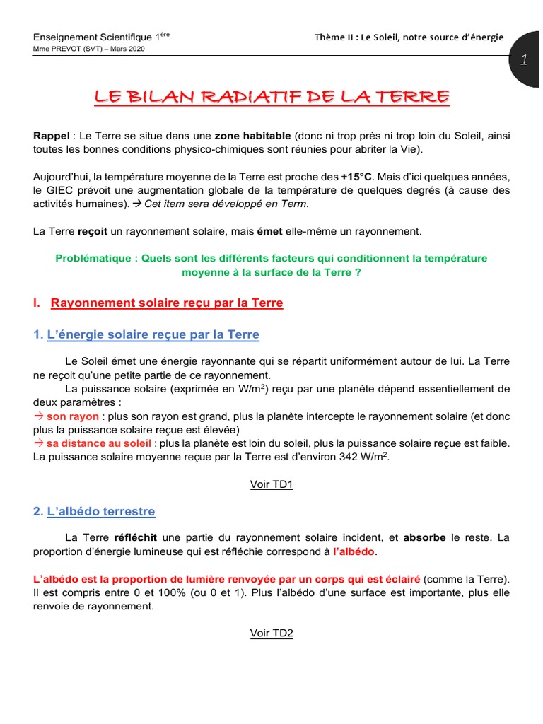 Le Rayonnement Solaire 1ère Enseignement Scientifique Exercice 1.le Bilan Radiatif de La Terre | PDF | Effet de serre | Atmosphère de la  Terre