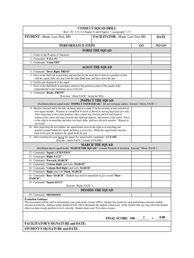 Squad Drill Commands Evaluation Guide | PDF