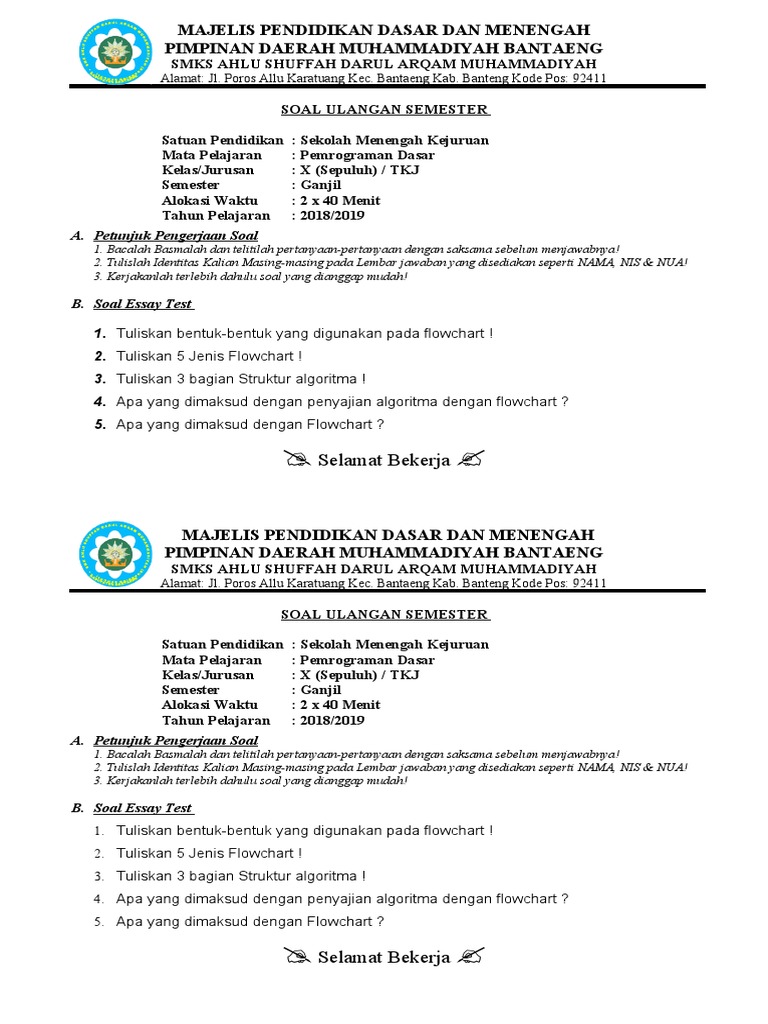 Soal Ulangan Us Sms 1 2018 2019 Pemrograman Dasar Pdf