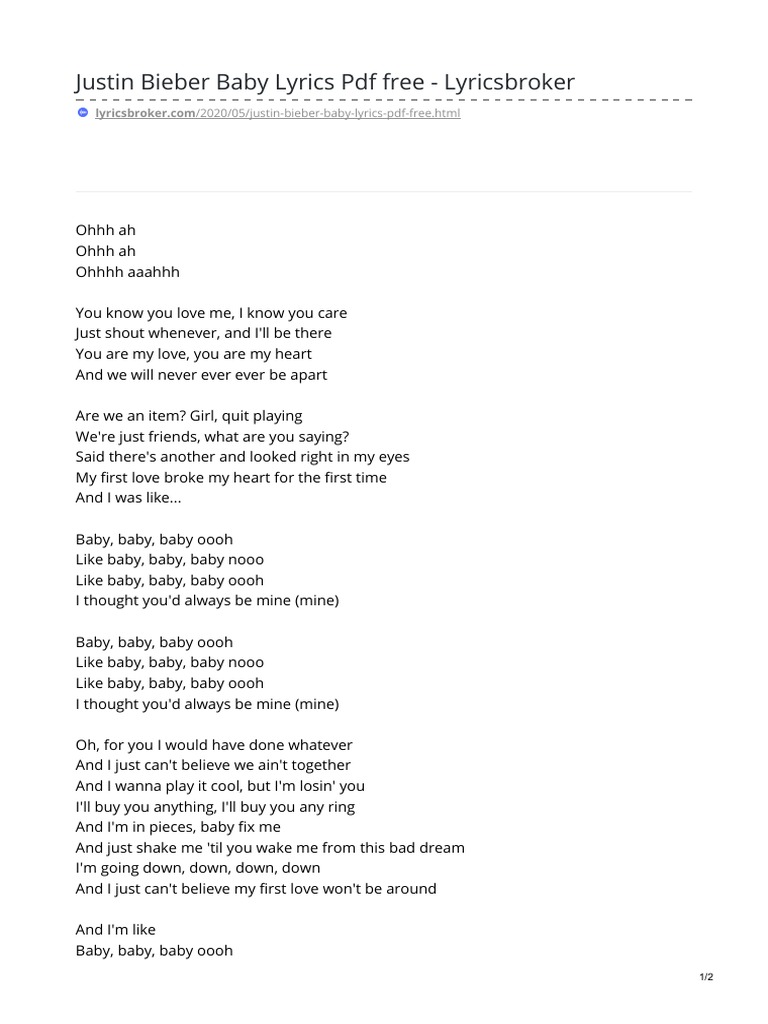 Justin Bieber Baby Lyrics Pdf Free Lyricsbroker Pdf