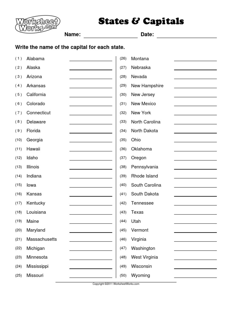 State Capitals Quiz Printable State Capitals Quiz Printable