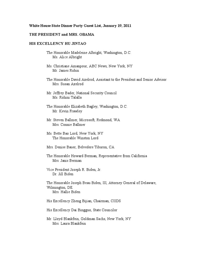 White House State Dinner Party Guest List