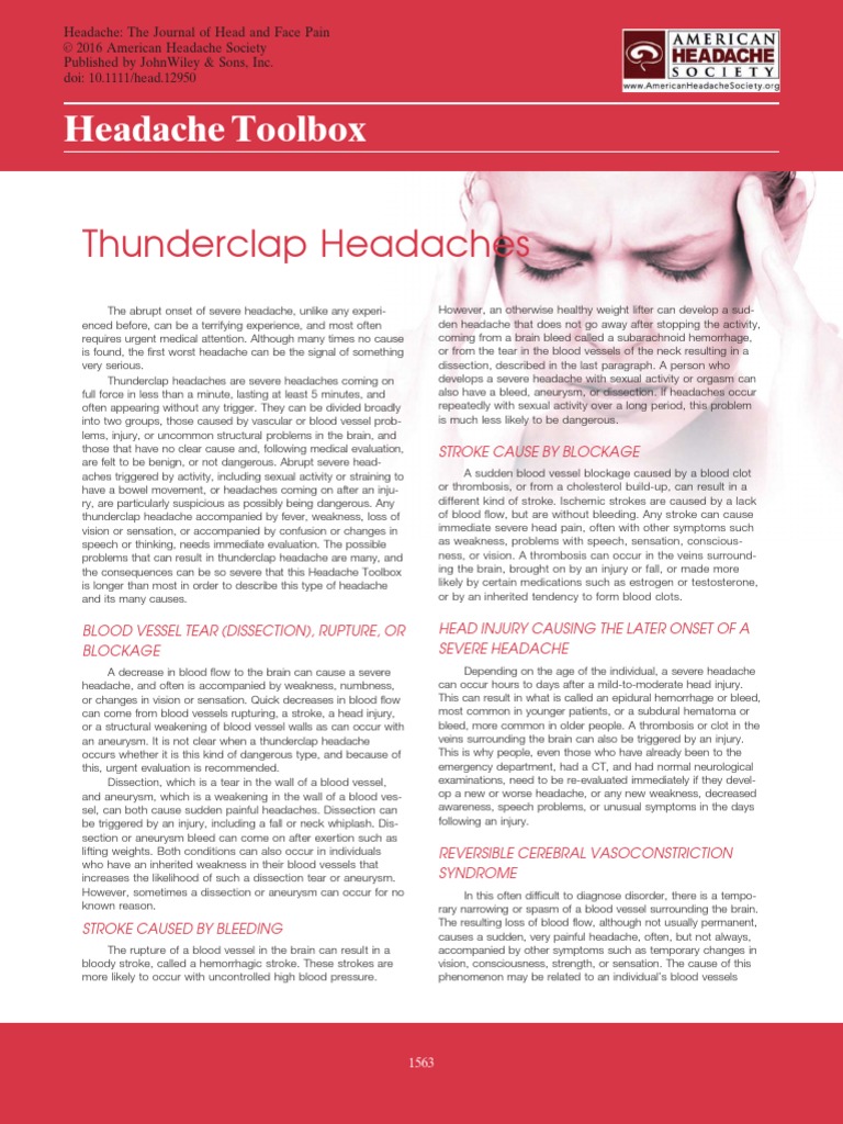 Thunderclap Headaches Headache Toolbox PDF Headache Stroke